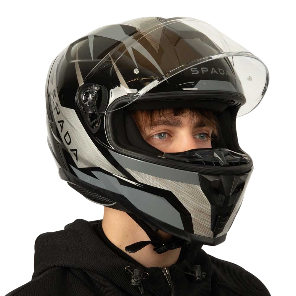 side view of black and grey motorbike helmet for men