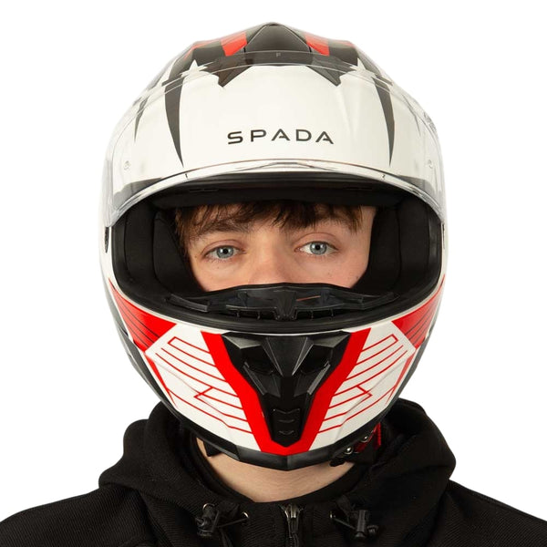 front of spada thunder white and red with black motorbike helmet for men