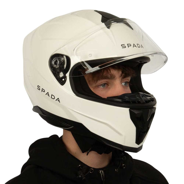 man wearing white raiden 2 full face motorbike helmet