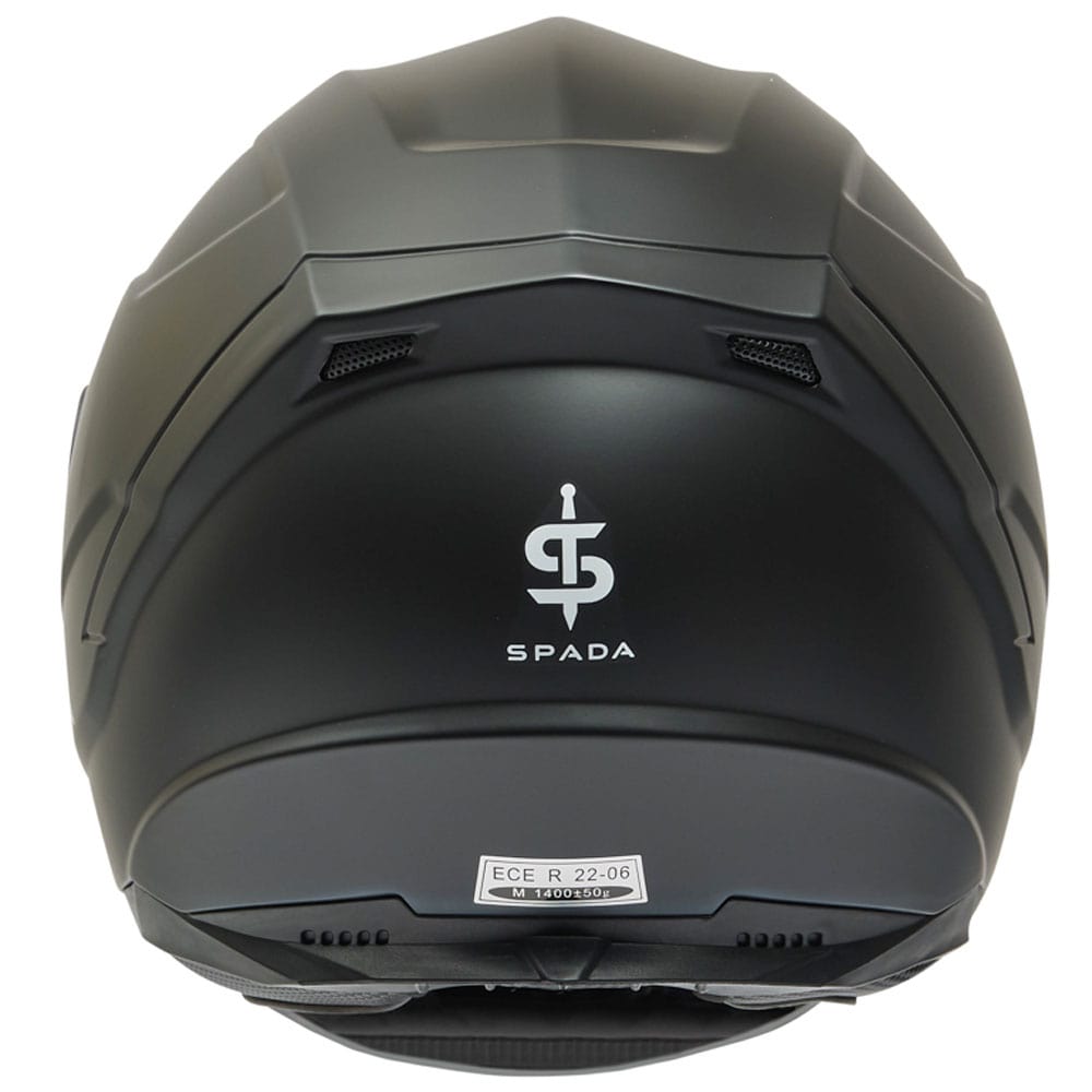 back of matte black full face motorbike helmet with washable liners