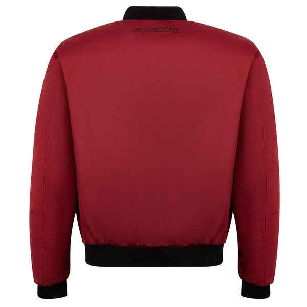 back of red bomber jacket for motorcycle riding with black ribbed cuffs and hem