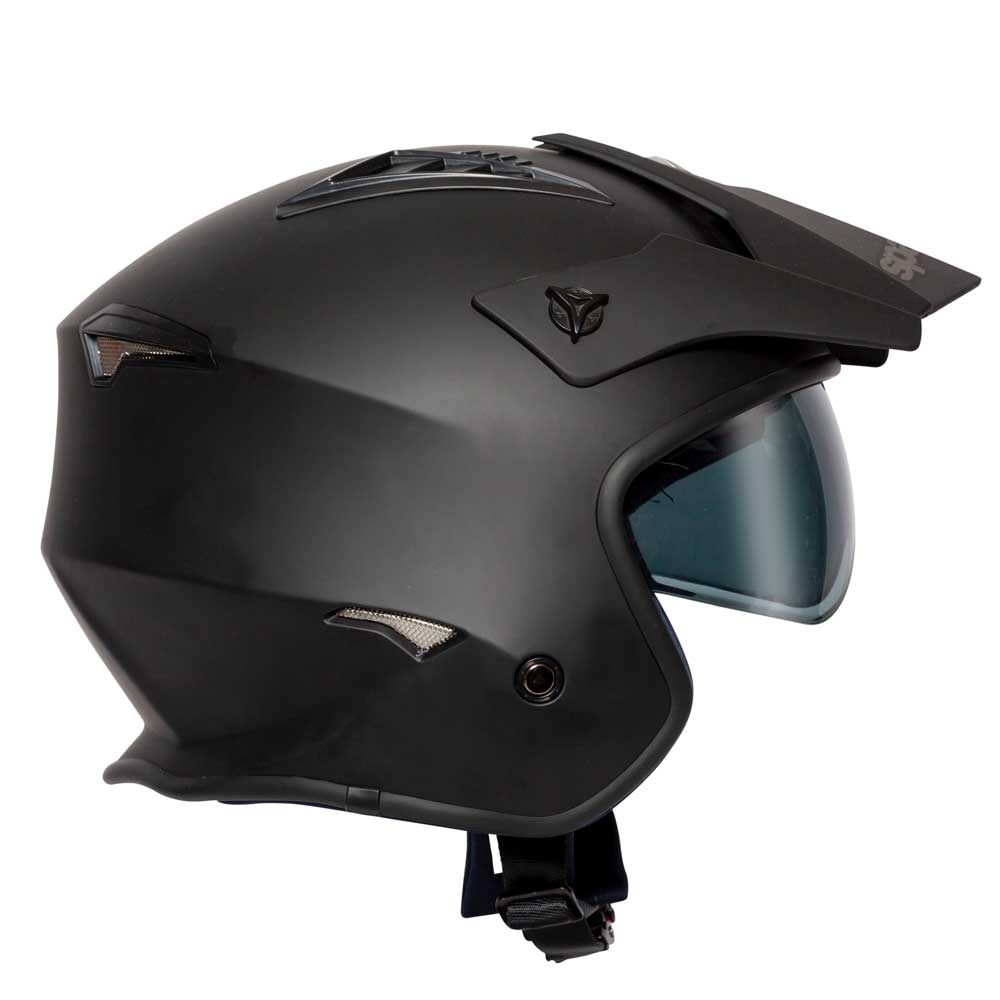 side of black adventure motorbike open face helmet with visor