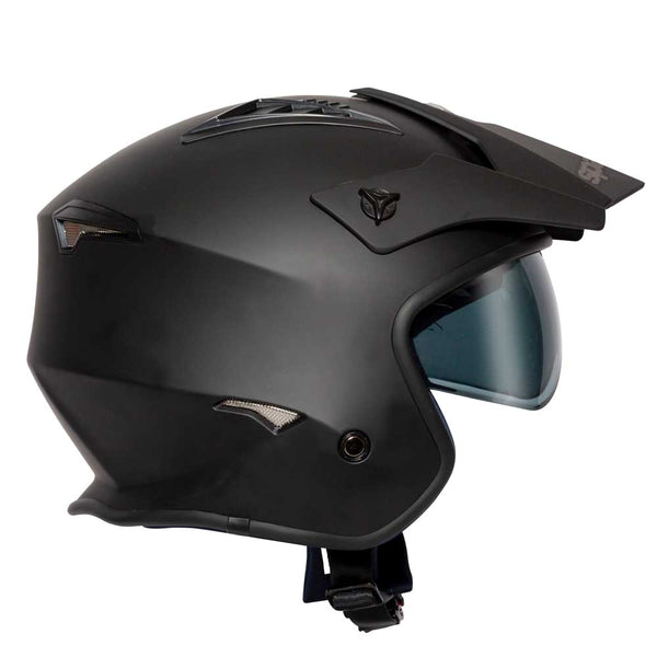 side of black adventure motorbike open face helmet with visor