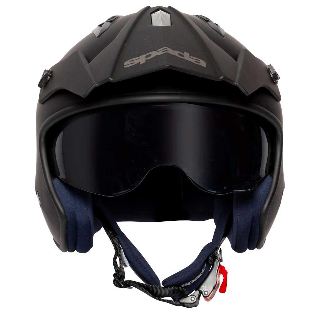 front of black motorbike helmet with black peak and tinted visor