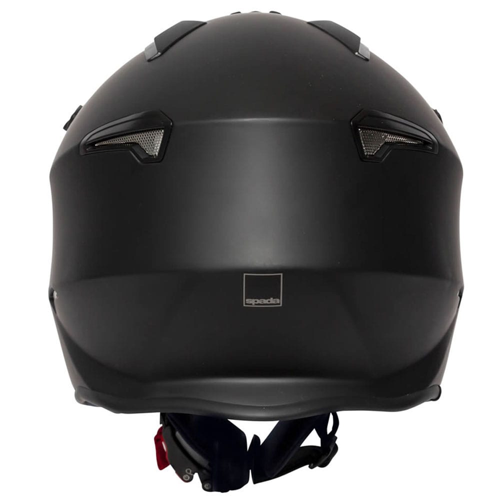 back of black open face motorbike helmet with drop down visor