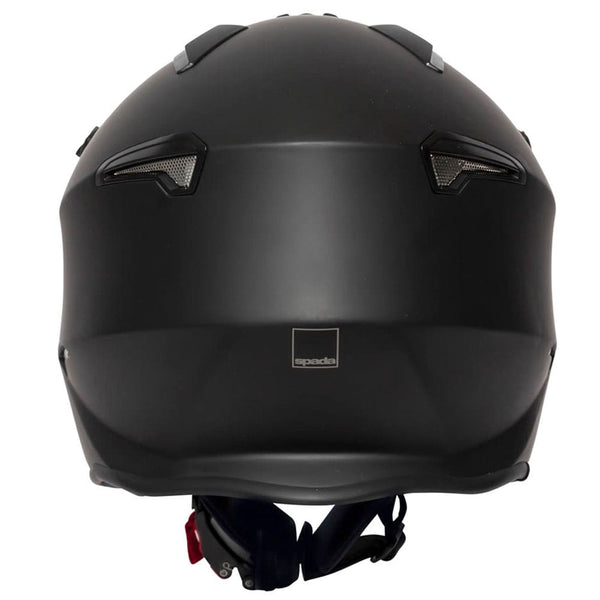 back of black open face motorbike helmet with drop down visor