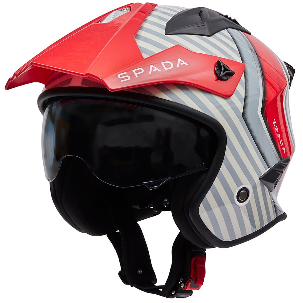 side view of red and grey open face motorbike helmet with anti scratch visor