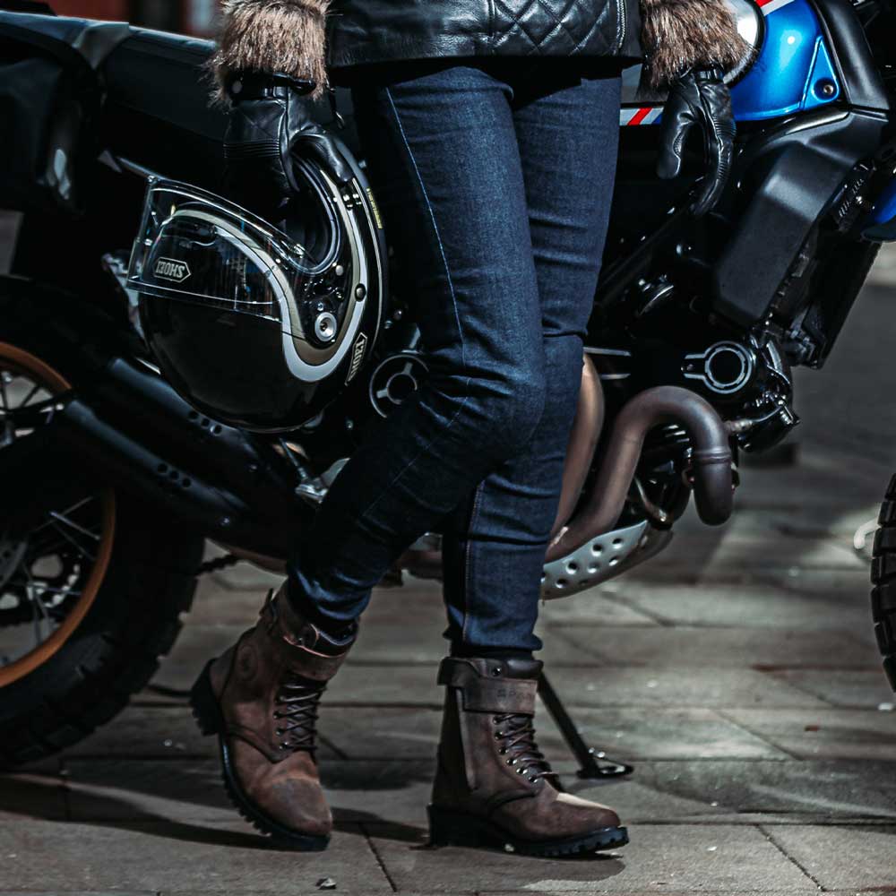 womens blue motorcycle jeans with brown spada piston boots