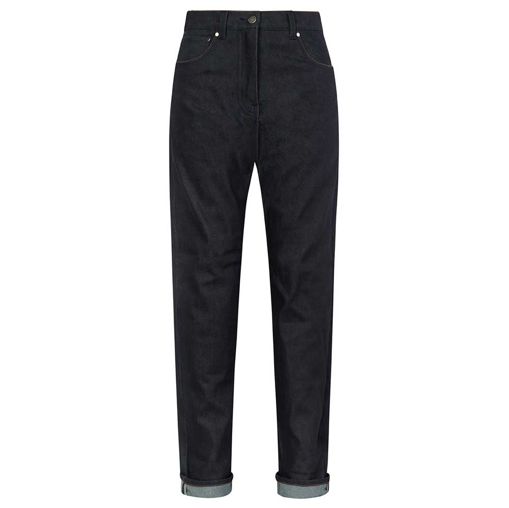 Ladies’ blue indigo raw denim jeans with tailored fit and durable construction, perfect for stylish everyday wear.