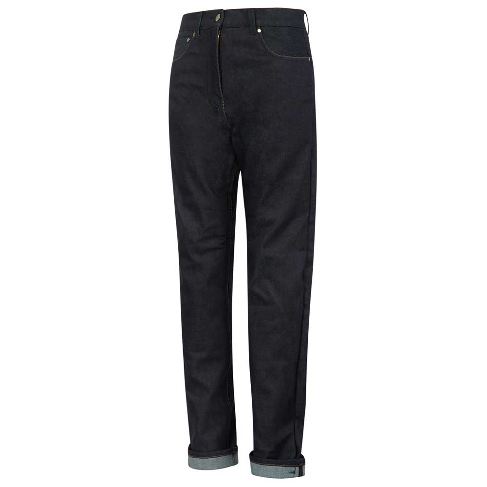 Side view of women’s blue indigo raw denim jeans showing sleek silhouette and classic denim details.