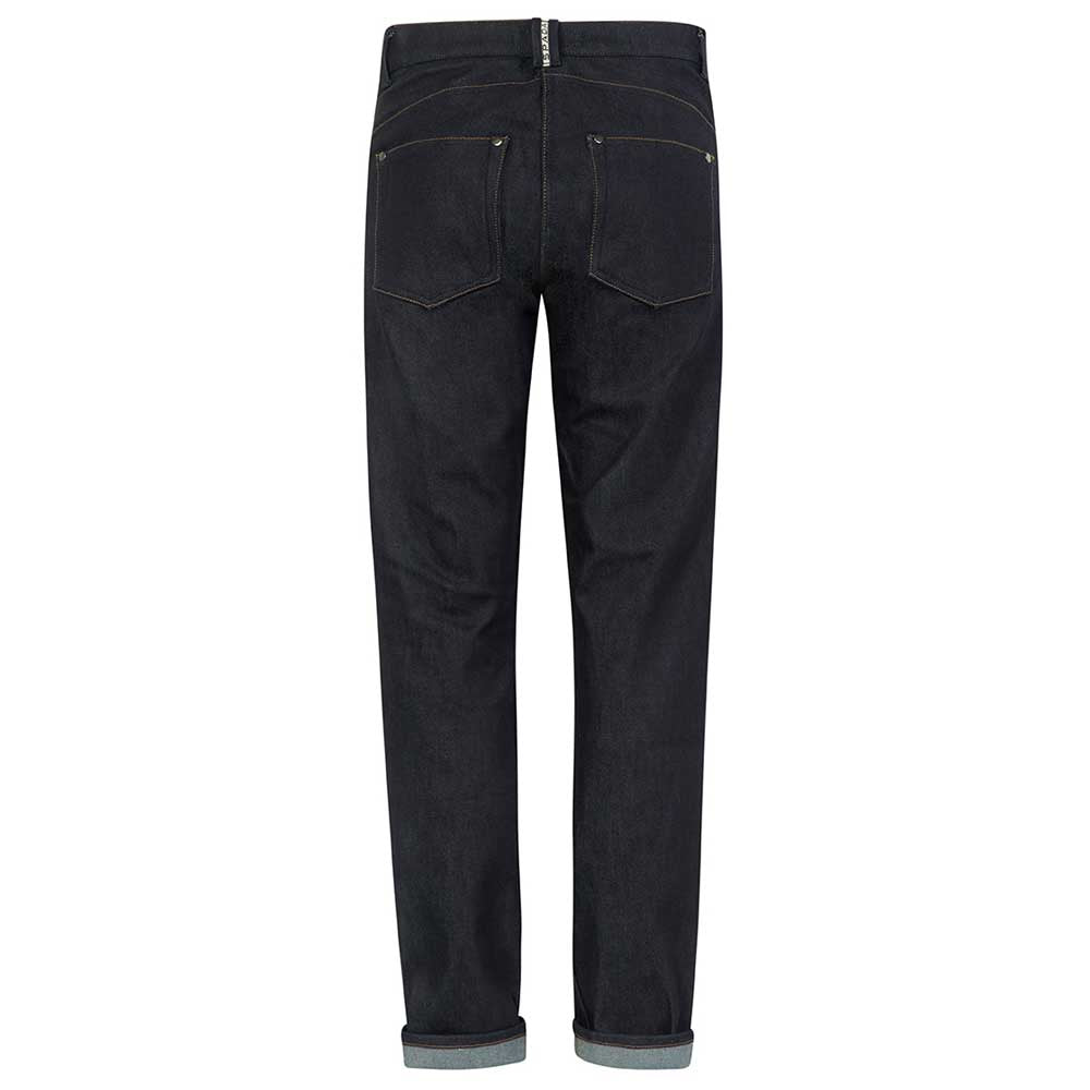 Rear view of women’s blue indigo raw denim jeans highlighting reinforced stitching and flattering pocket design.