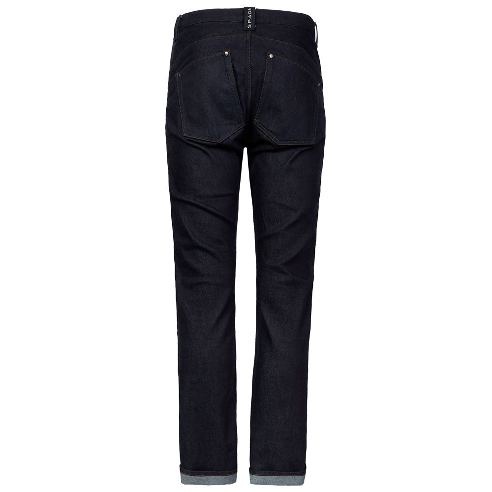 Rear view of men’s blue indigo raw denim jeans highlighting reinforced stitching and classic pocket design.