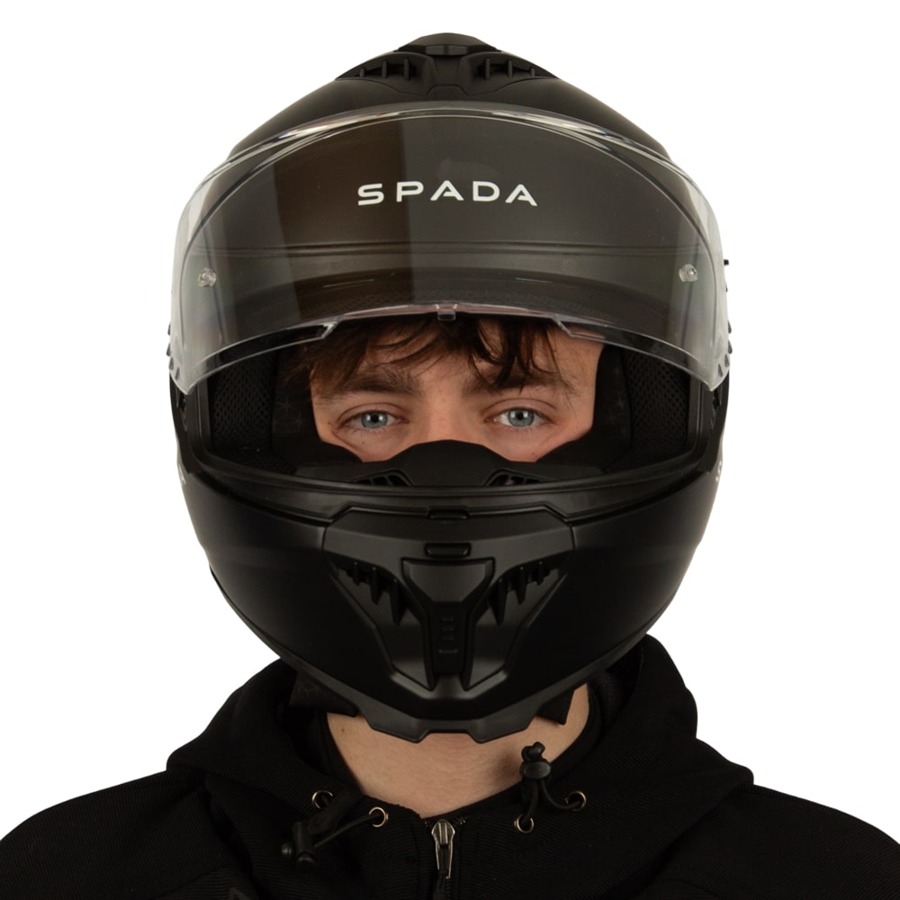 front of full face black motorbike helmet with clear visor