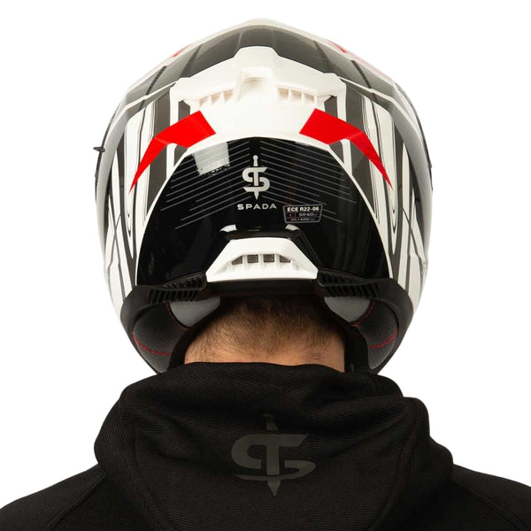back of black and white motorbike helmet with red details and spada logo