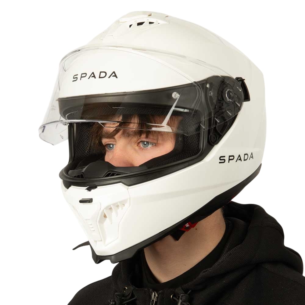 side view of white motorbike helmet with black spada logo and clear visor