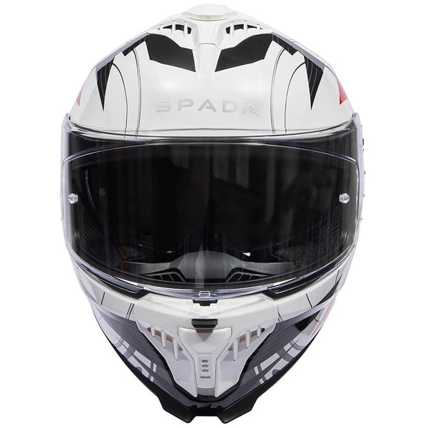 front of white red and black full face motorbike helmet with drop down visor