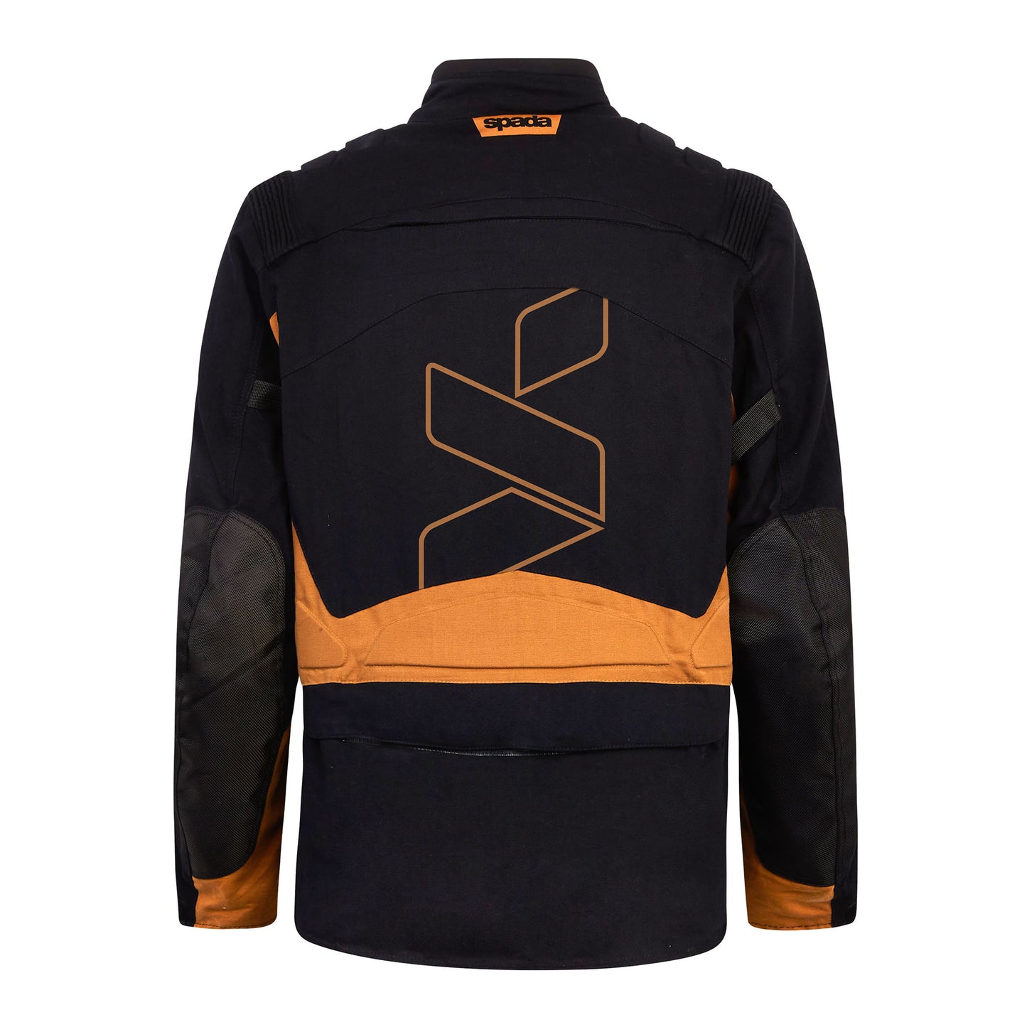Rear view of Ascent V3 Black and Brown Tan Motorcycle Jacket – waterproof motorbike jacket with accordion pleating and CE-certified protection.