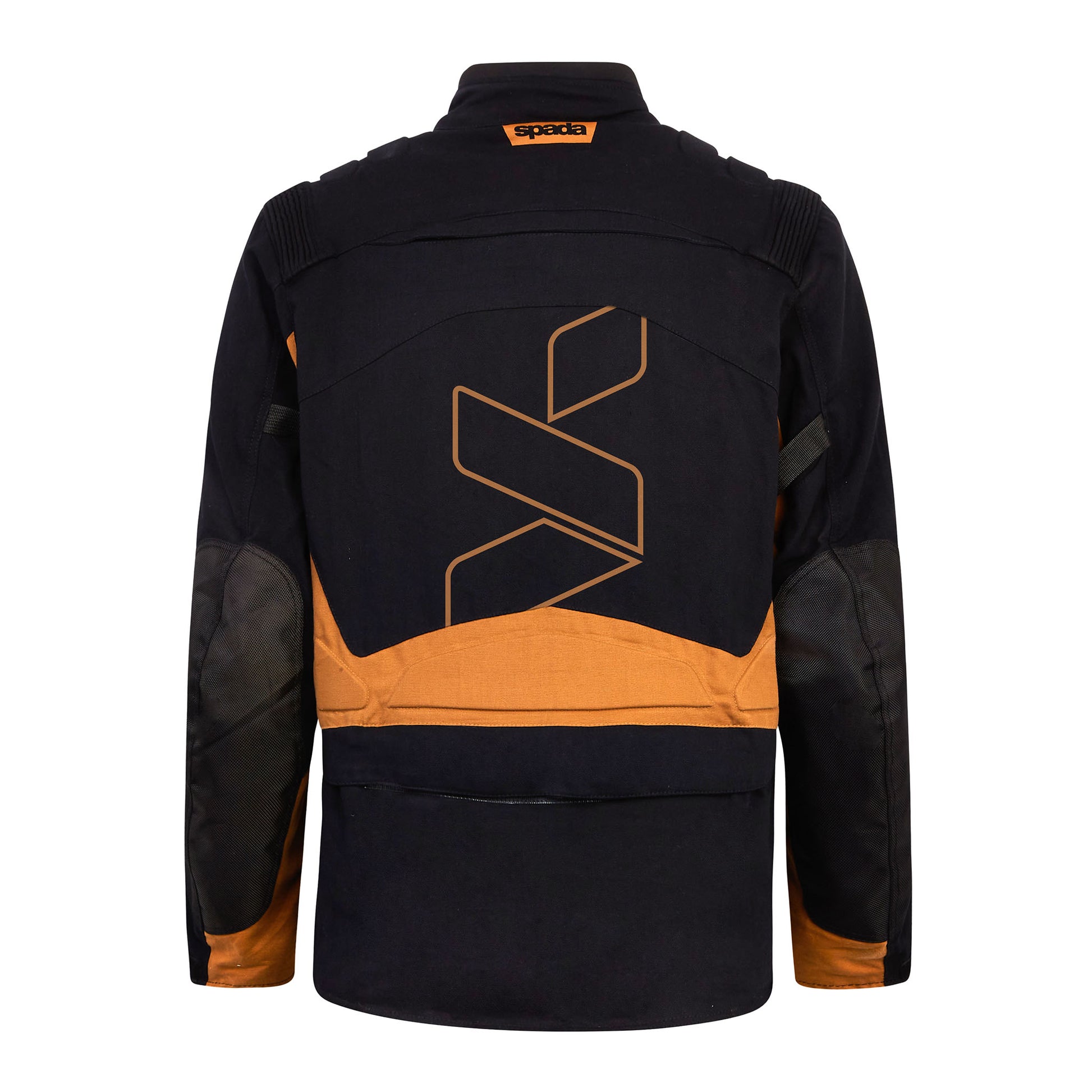 Rear view of Ascent V3 Black and Brown Tan Motorcycle Jacket – waterproof motorbike jacket with accordion pleating and CE-certified protection.