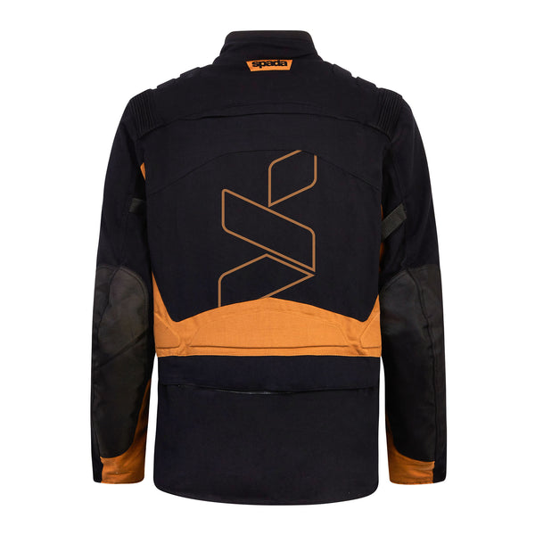 Rear view of Ascent V3 Black and Brown Tan Motorcycle Jacket – waterproof motorbike jacket with accordion pleating and CE-certified protection.