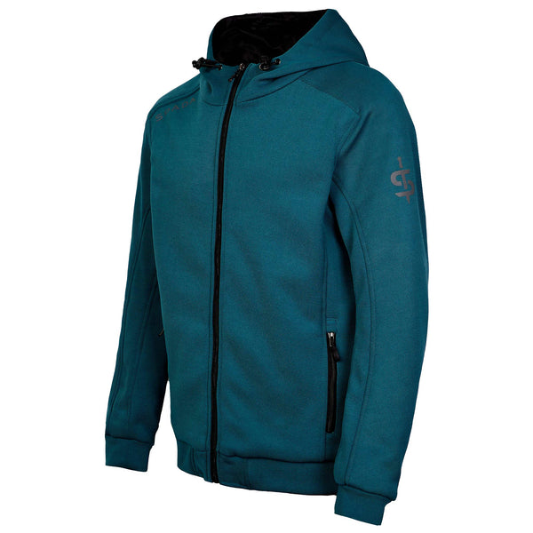 Side profile of Blade Blue motorbike hoodie showing ergonomic zip-up fit and armour-ready construction for men and women