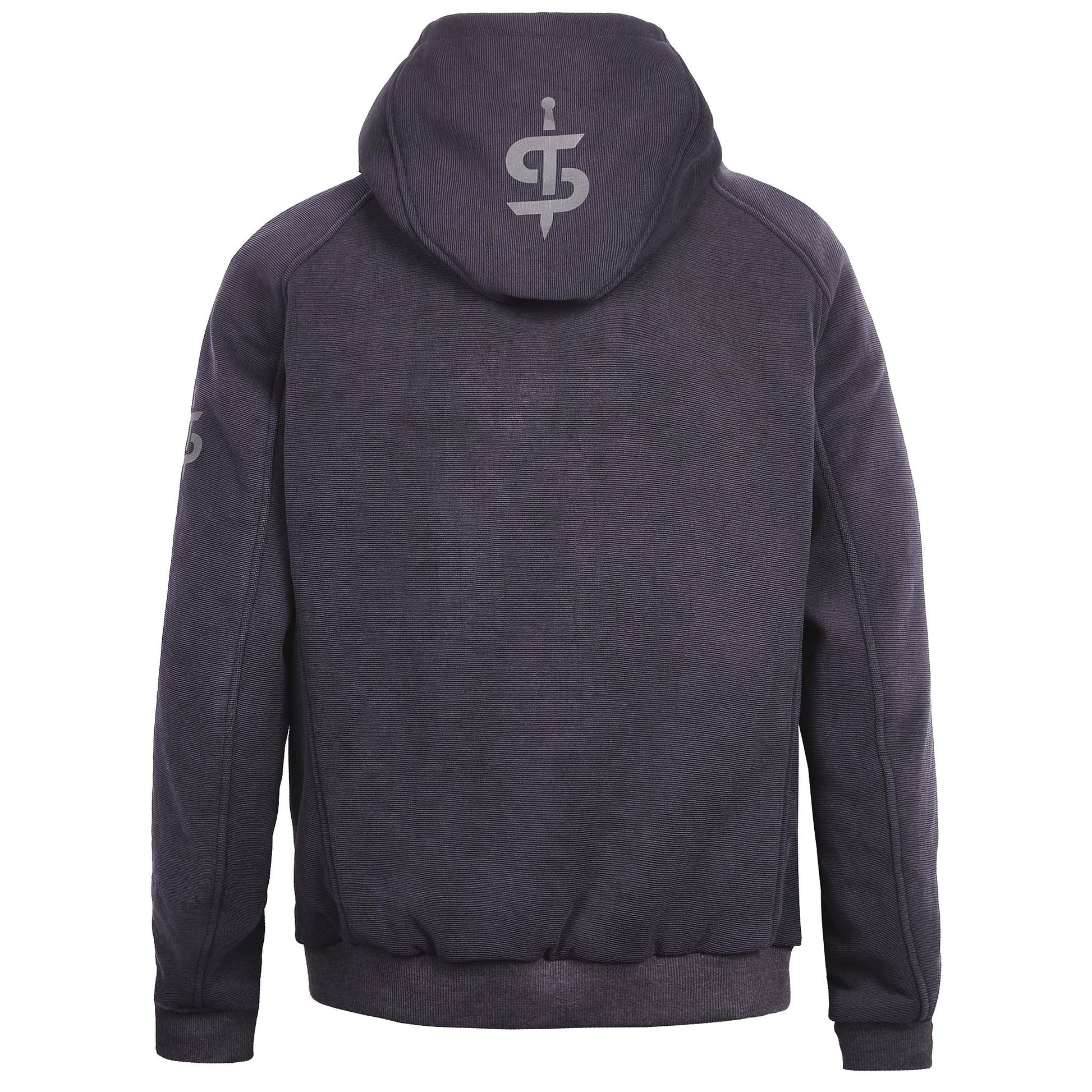 Back view of Blade Grey zip-up motorcycle hoodie – reinforced panels and protective structure for everyday motorbike use