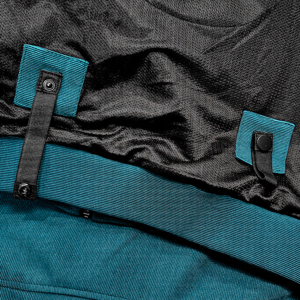 Close-up detail of belt loops on Blade Blue motorcycle hoodie – secure attachment to trousers for safe, stable riding