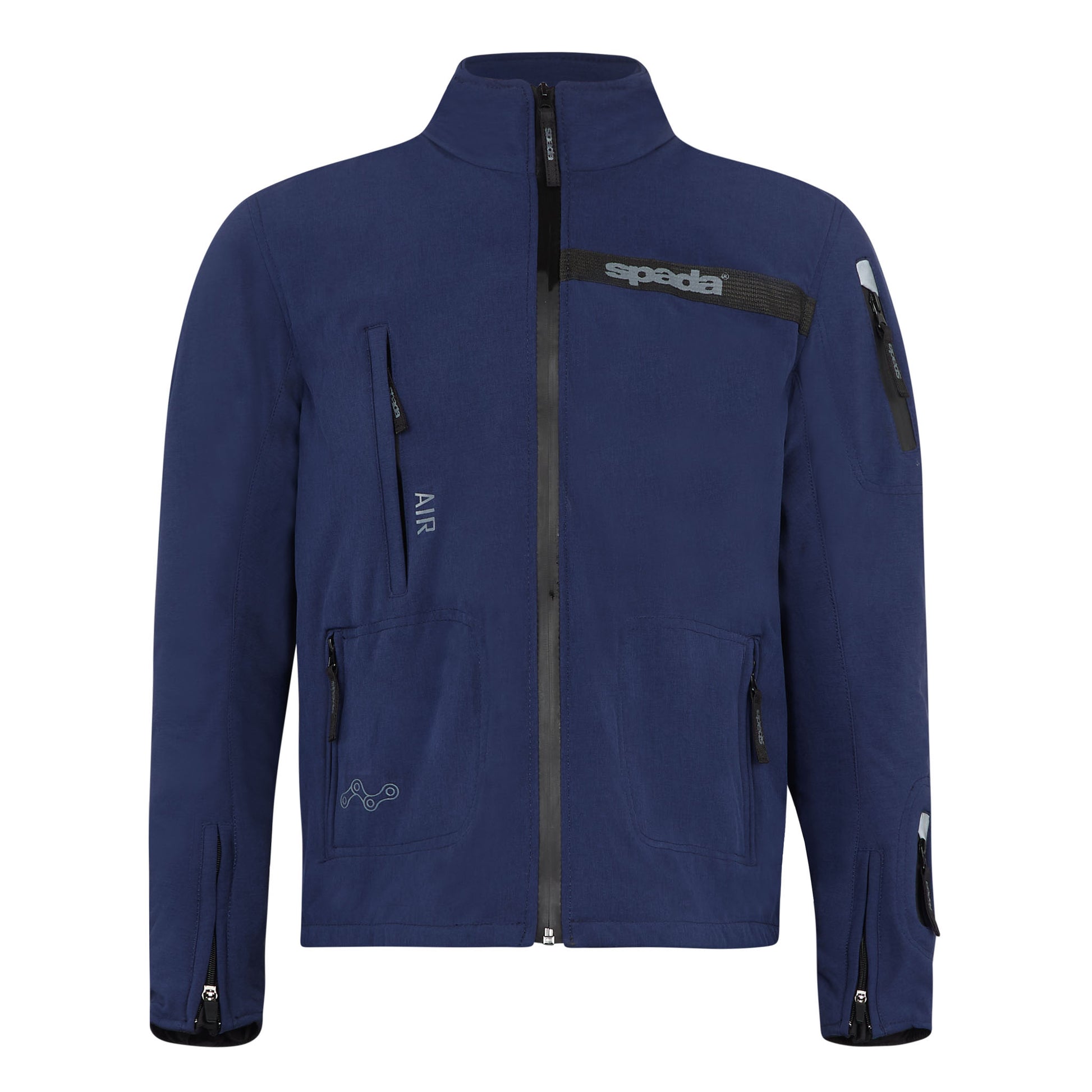 Commute Blue Motorcycle Jacket front view – waterproof soft shell motorbike jacket with CE Level AA rating and built-in CE armour.