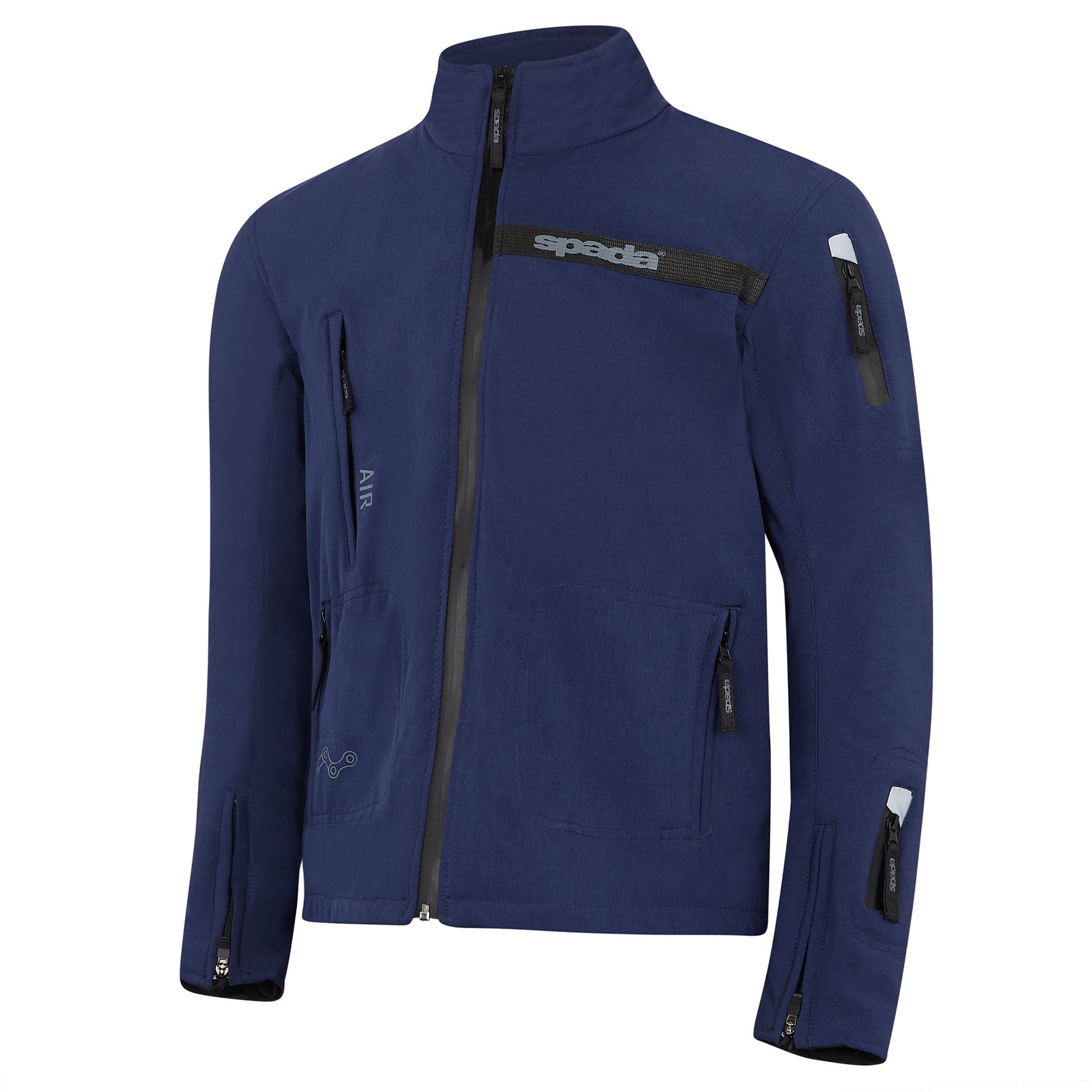 Side view of Commute Blue Motorcycle Jacket – blue waterproof motorbike jacket with vent system and CE-approved elbow protection.