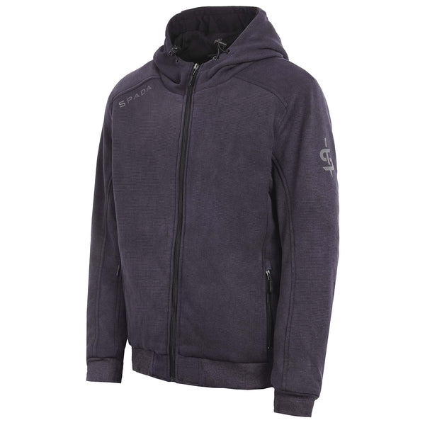 Side profile of Blade Grey motorbike zip hoodie showing ergonomic fit, fleece interior, and urban riding design