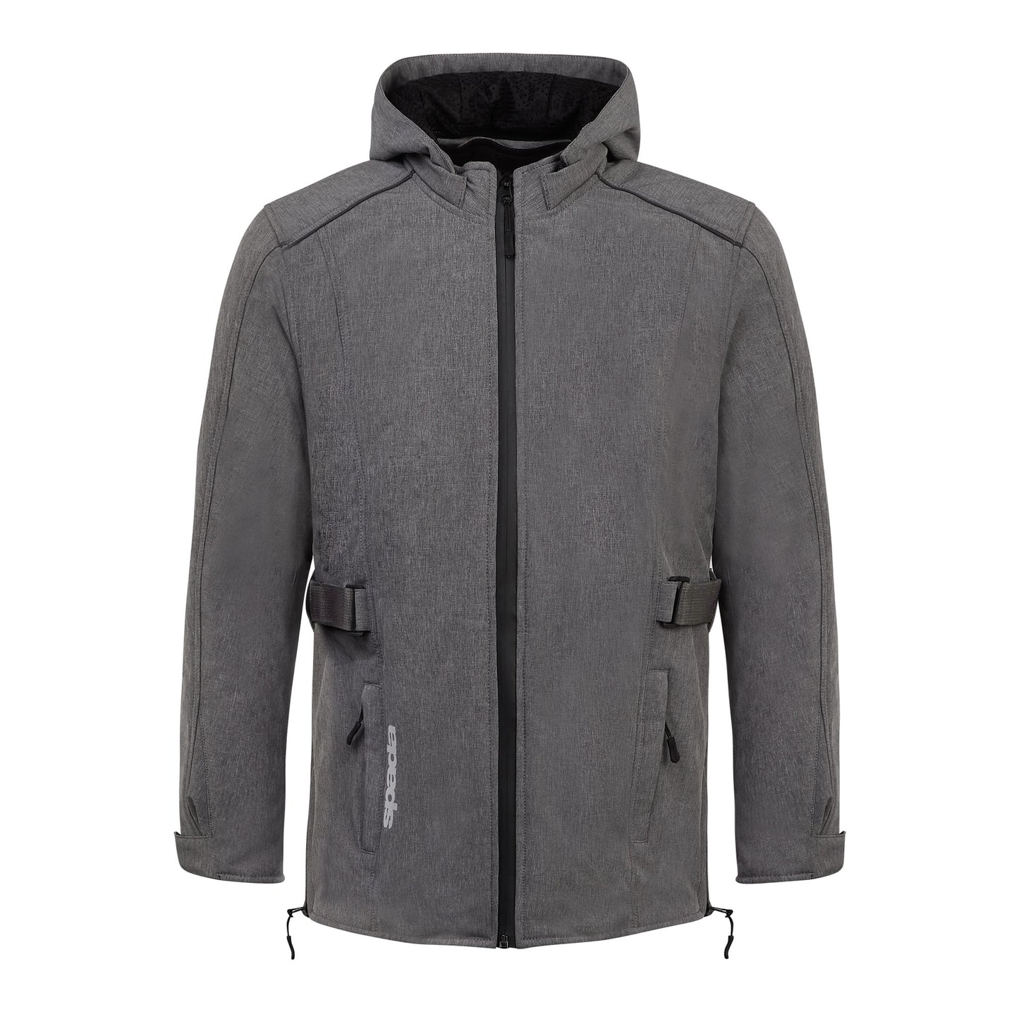 Front-facing grey ladies motorcycle jacket with hood – waterproof and ergonomically designed for womens perfect fit and comfort