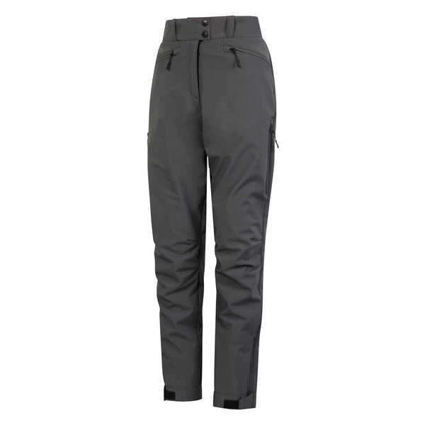 Side view of women's grey waterproof motorcycle trousers showing articulated knee design