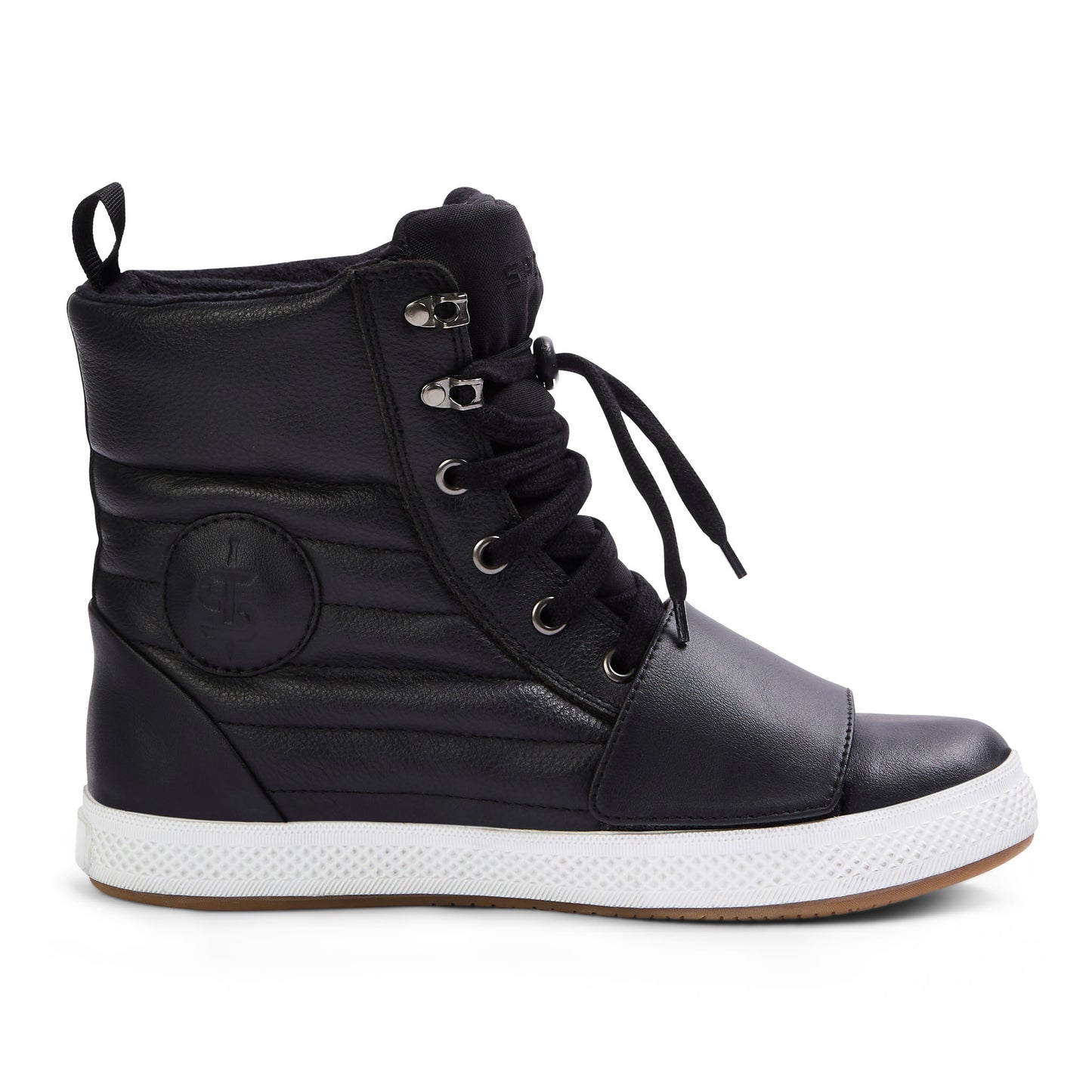 Inner side view of Heat Black high-top trainer highlighting ankle protector and weatherproof design