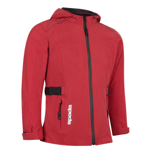 Side profile of a womens red motorcycle jacket featuring a hood and ergonomic fit – waterproof riding gear tailored for ladies' comfort and safety