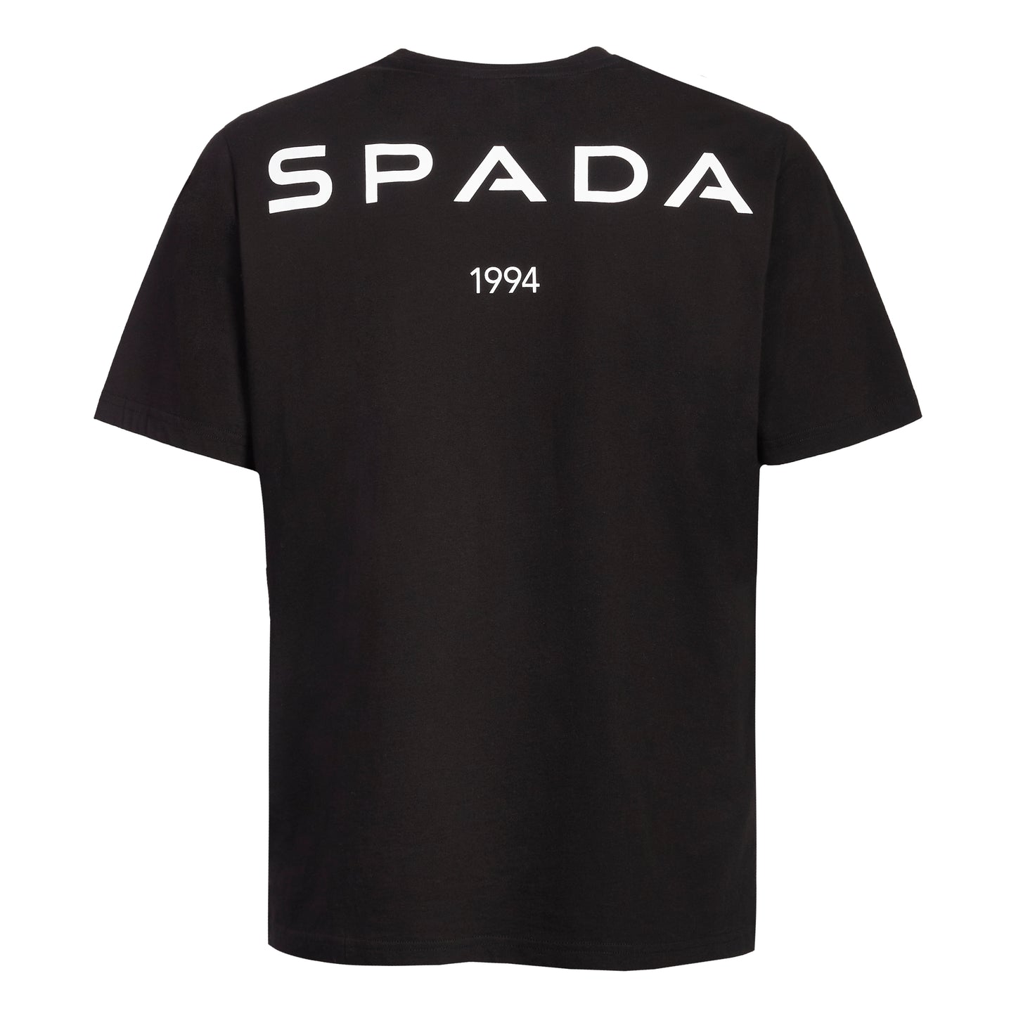 back of black spada tshirt with white logo