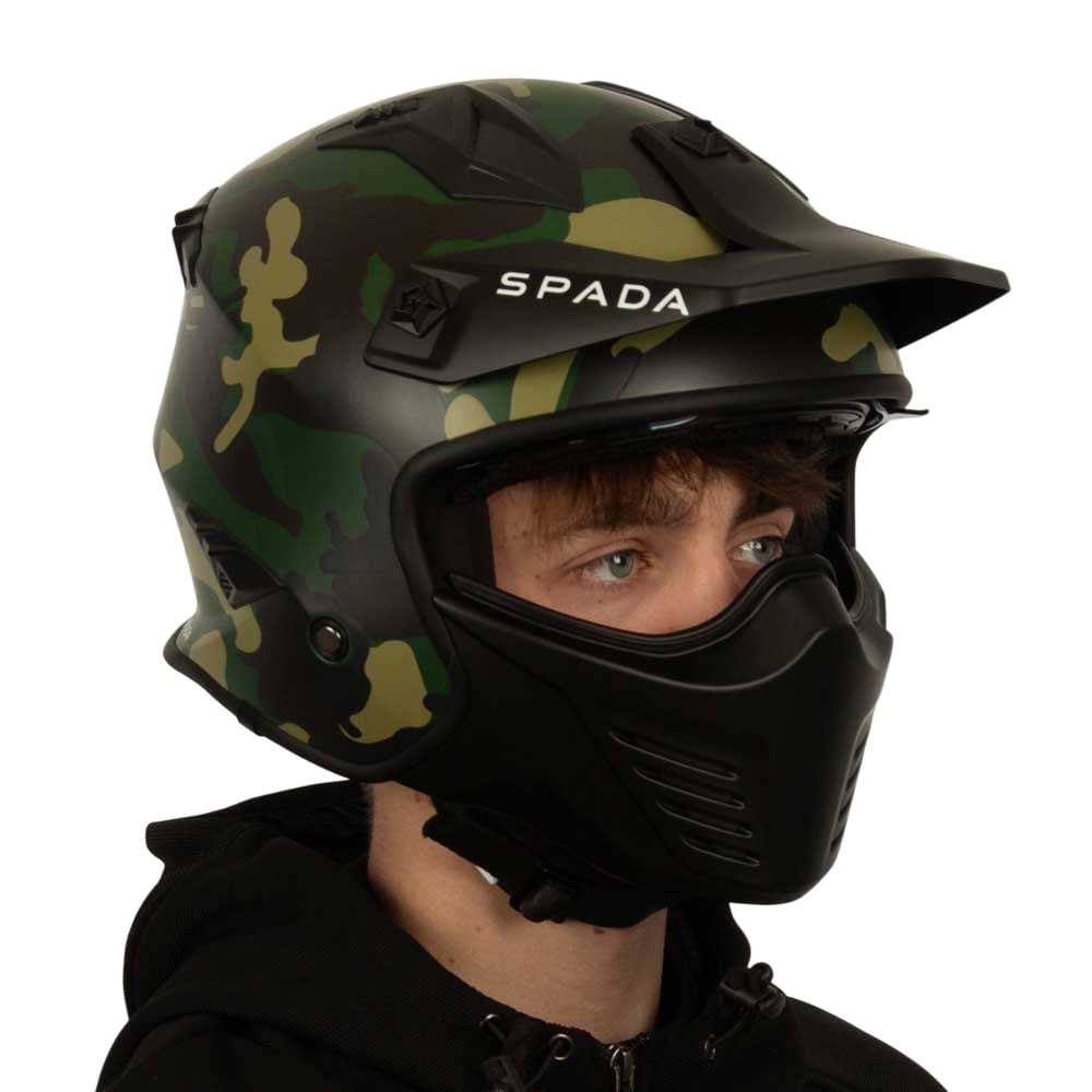 side of biker wearing green camouflage design open face helmet