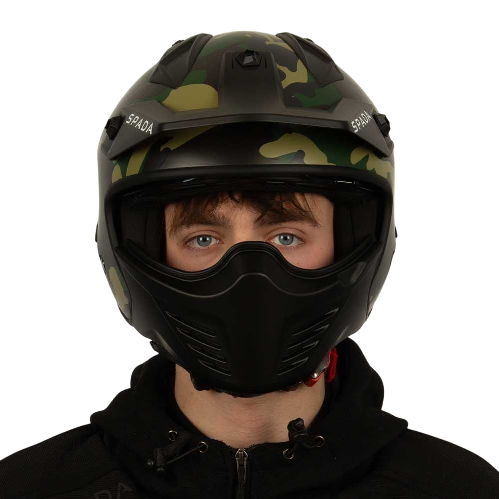 front of green camo open face helmet with quick release chin strap