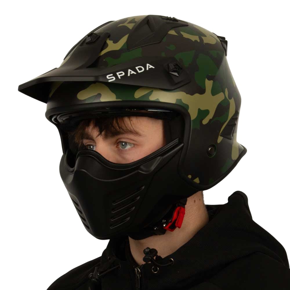 side of green camo open face helmet for biker with removable chin strap
