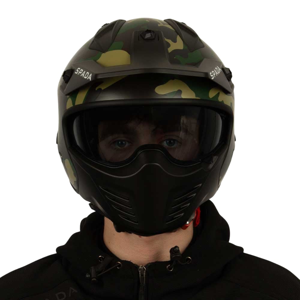 green camo adventure open face helmet with integrated tinted visor