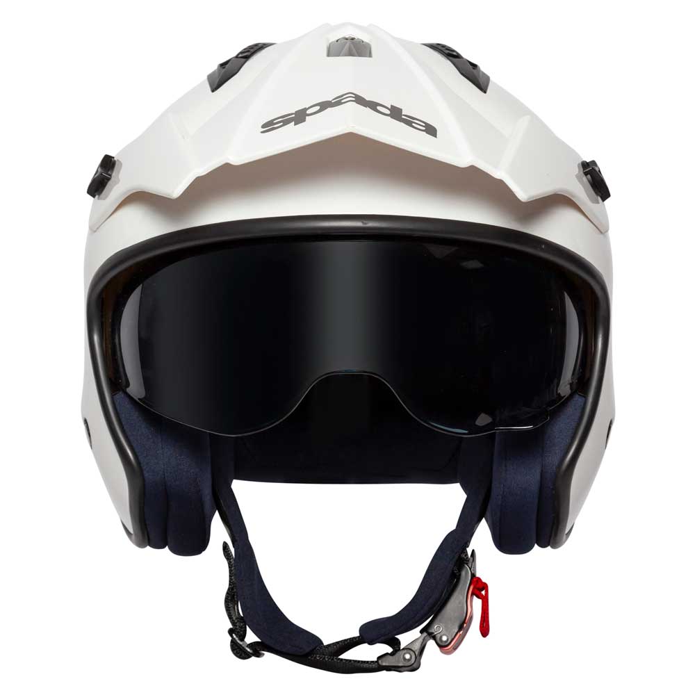 front of white open face motorbike helmet for men and women with tinted visor