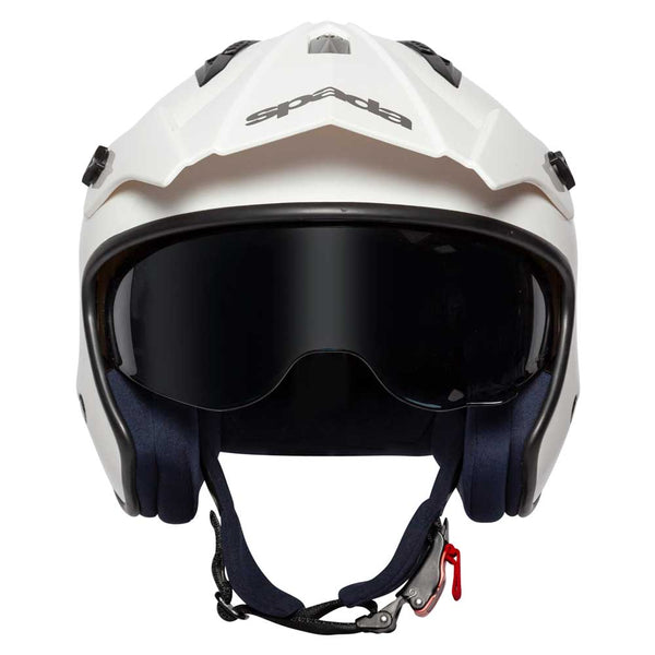 front of white open face motorbike helmet for men and women with tinted visor
