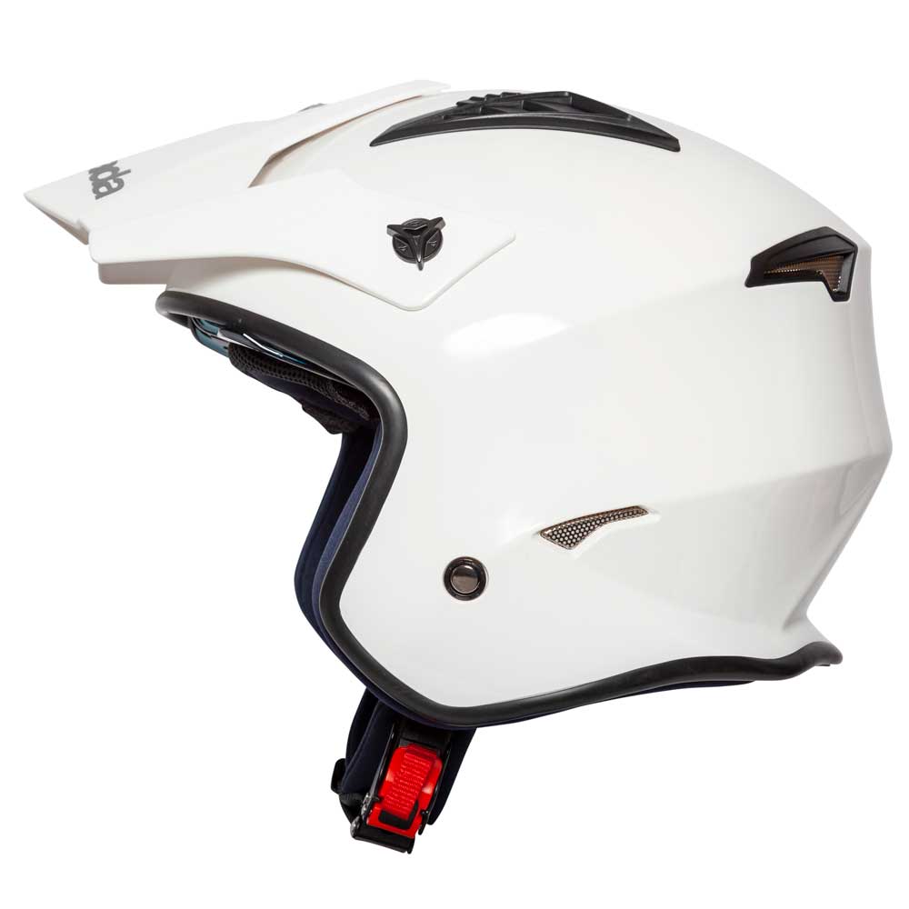 side profile of white open face motorbike helmet with no visor down