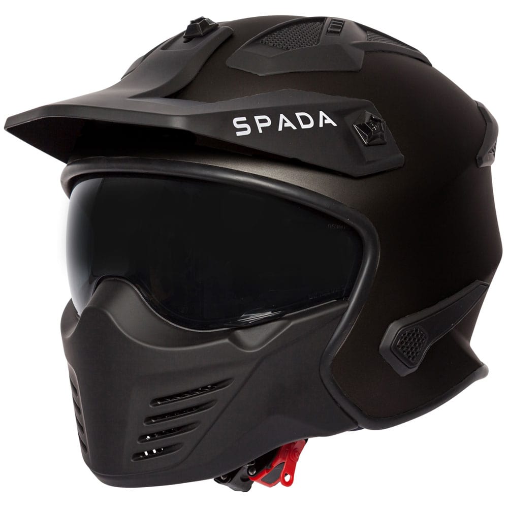 side view of matte black open face motorbike helmet with Integral anti scratch sun visor