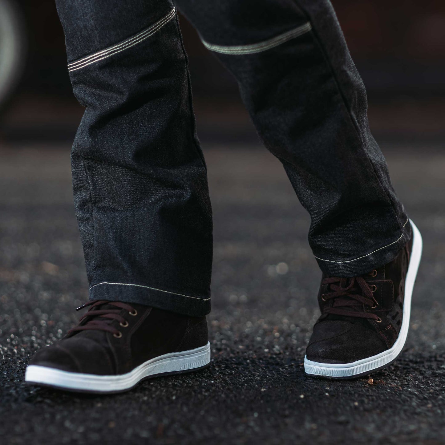 biker walking in the spada brown strider high top trainers
