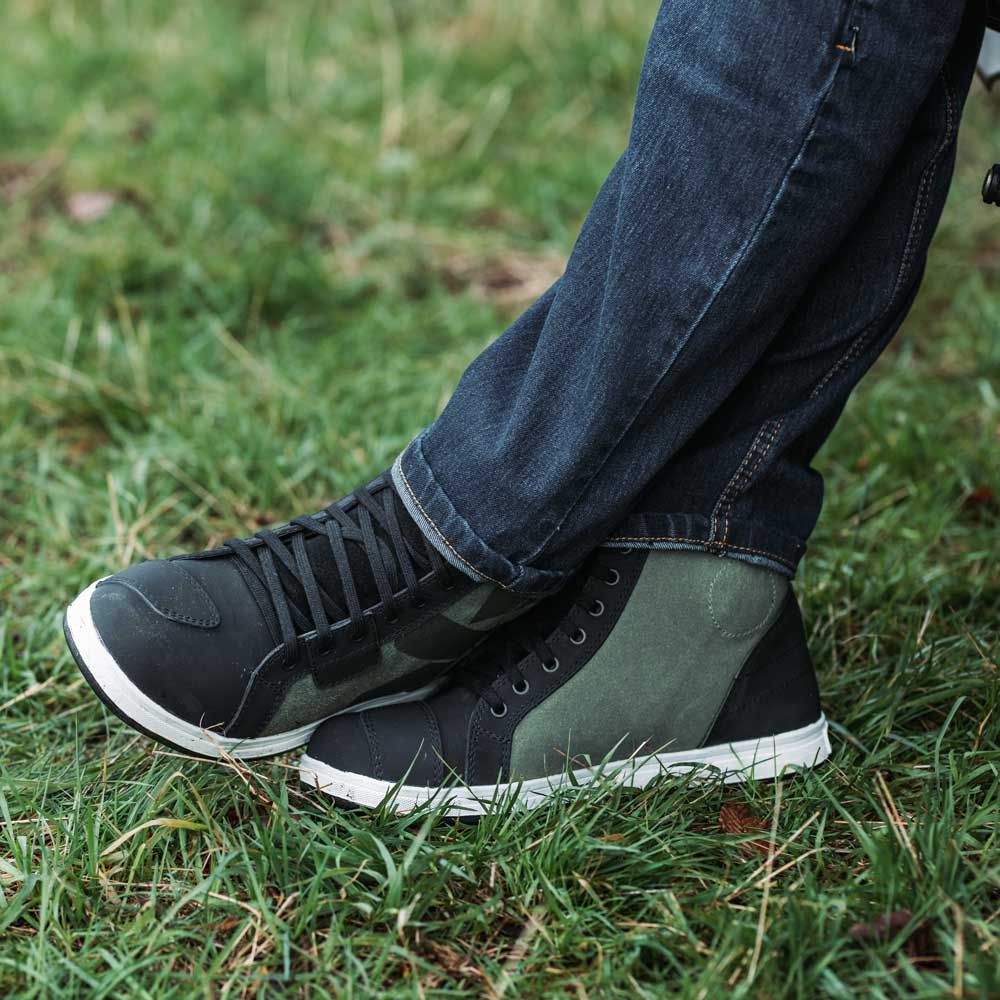 black and olive green motorcycle trainers for men and women