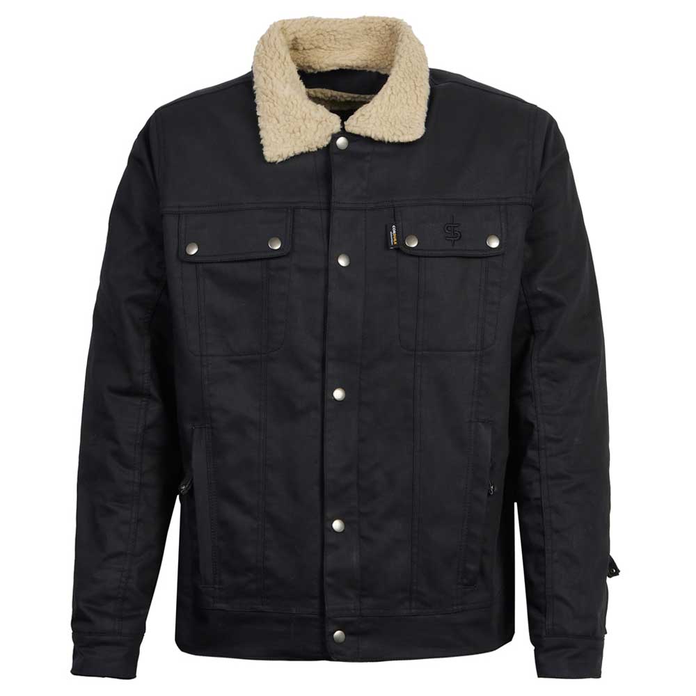 Temper Black and Tan Trucker Motorcycle Jacket front view – CE AA certified Cordura denim biker jacket with sherpa lining and detachable collar.