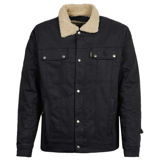 Temper Black and Tan Trucker Motorcycle Jacket front view – CE AA certified Cordura denim biker jacket with sherpa lining and detachable collar.