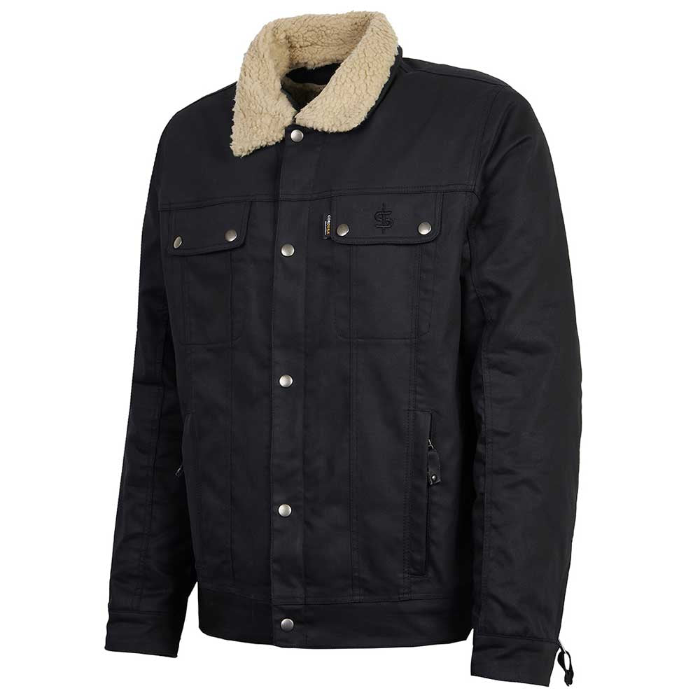 Side view of protective trucker-style motorbike jacket with TetraHex Level 2 armour for men