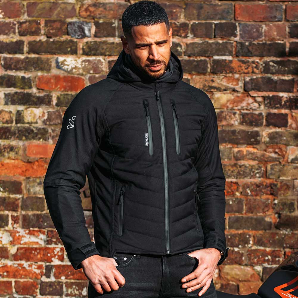 biker wearing black motorcycle jacket with black jeans for men