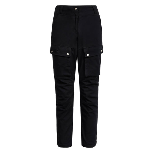 A pair of black motorcycle trousers for women, featuring protective armour at the knee and hip, multiple pockets, and a mid-rise waist.