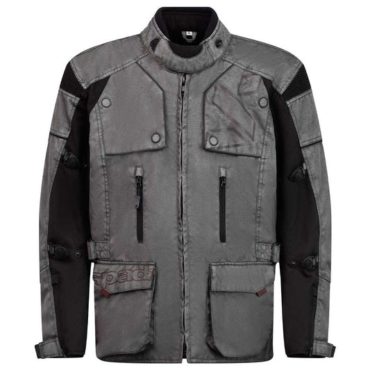 front of grey motorcycle jacket with large pockets